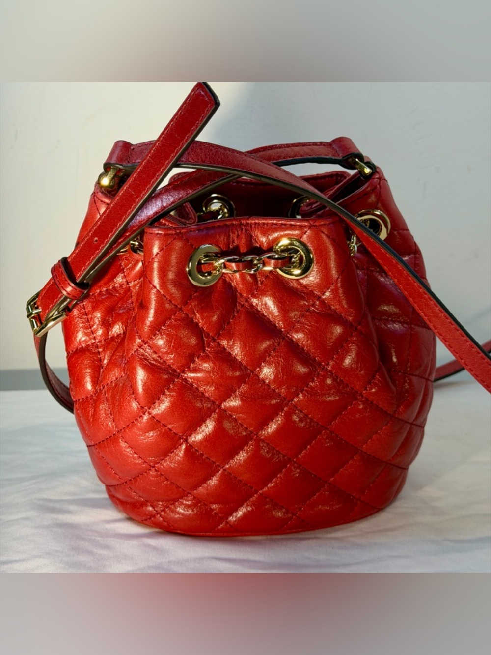 Michael Kors Frankie Small Red Quilted Leather Drawstring Bucket Bag - Picture 7 of 10